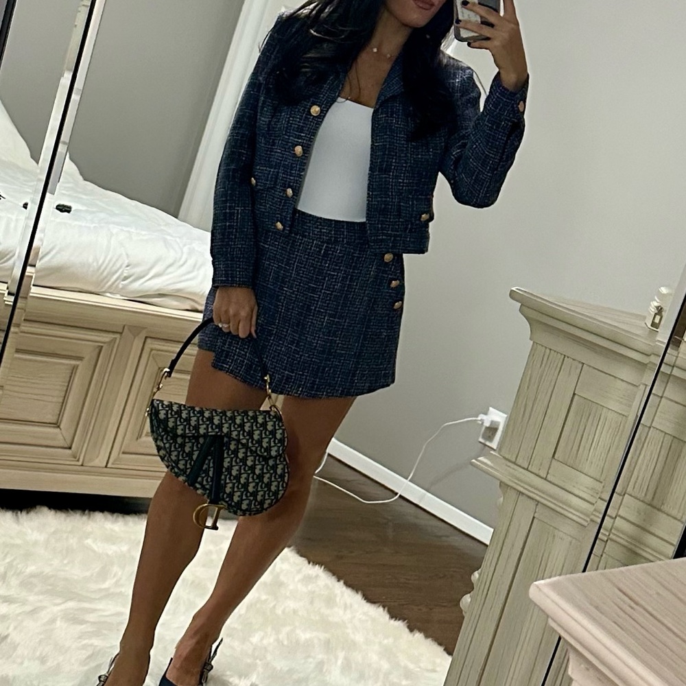 Aqua Navy Blue Tweed Jacket & Skirt Set
